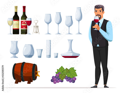 Man sommelier and drink degustation cartoon set