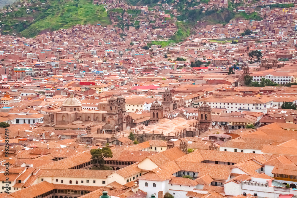 Cusco, view of centre and cityscape of city and mountains from above, Peru, South America