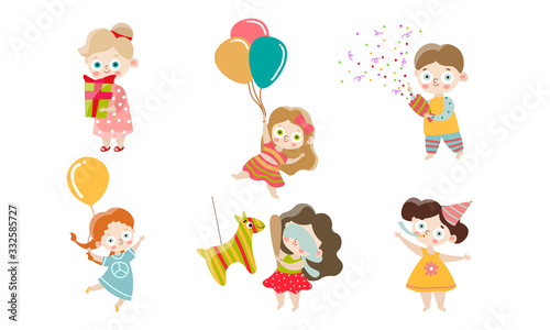 Set of kids celebrating and having fun at the birthday party. Vector illustration in flat cartoon style.