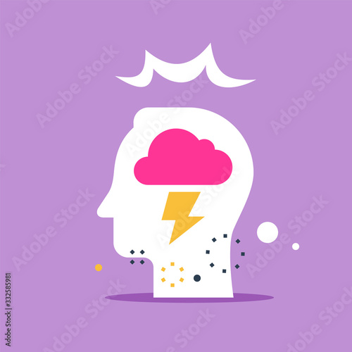 Head with cloud and lightning, psychology concept, control of emotions, critical thinking