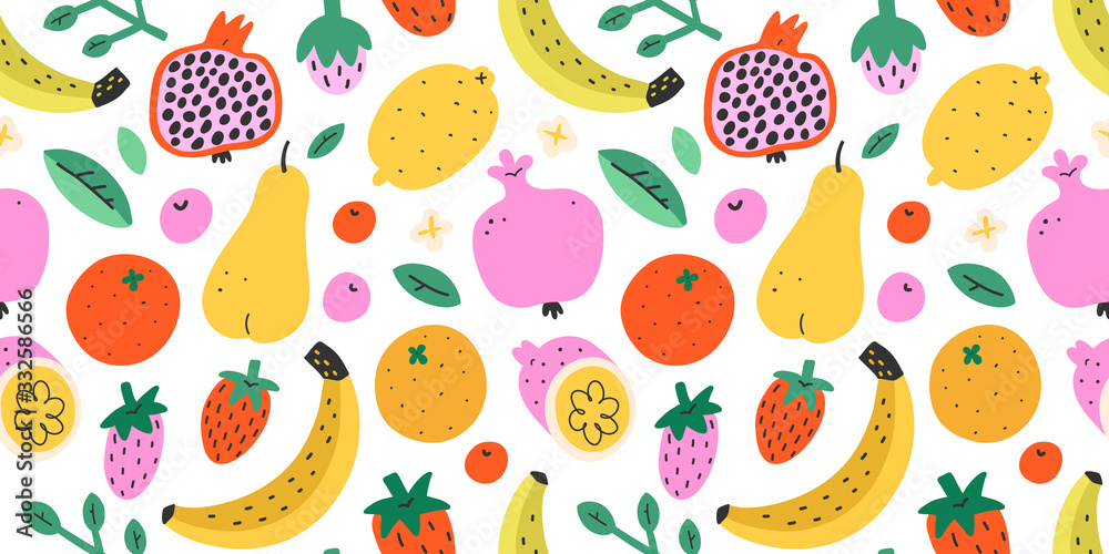 Fototapeta Summer fruit pattern, cute cartoon doodles, fresh tropical fruit mix, colorful background, seamless vector ornament, banana, pomegranate and strawberry, sweet food texture, trendy flat cartoon