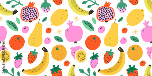 Fototapeta Summer fruit pattern, cute cartoon doodles, fresh tropical fruit mix, colorful background, seamless vector ornament, banana, pomegranate and strawberry, sweet food texture, trendy flat cartoon 