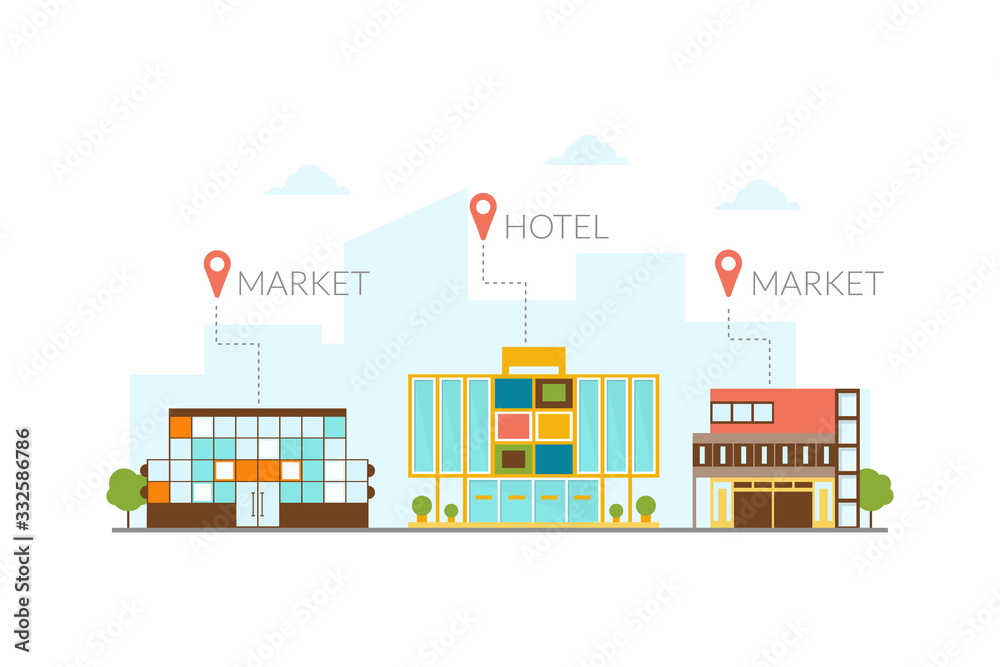 Market, Hotel Buildings, Modern Cityscape Design Elements Vector Illustration