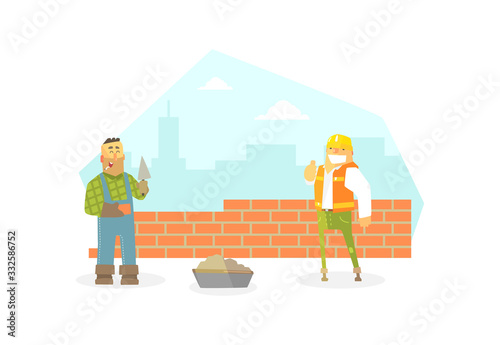 Male Builder Buiding Brick Wall, Construction Worker Character Flat Vector Illustration, Web Design.