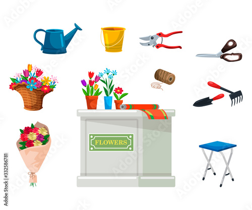 Isolated florist equipment for flower shop set