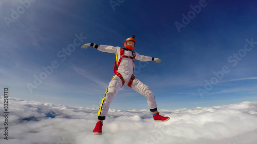 Uniform. Professional equipment protects the skydiver during the flight. Bird eye height.