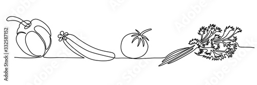 vegetables pepper, tomato, cucumber, dill, parsley in one line