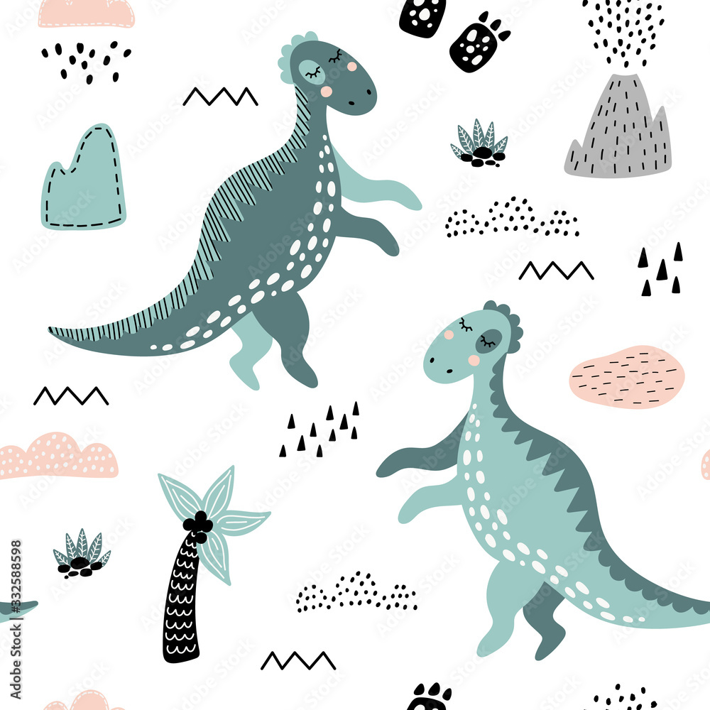 Cute seamless pattern with green dinosaurs. Cute seamless pattern with green dinosaurs.