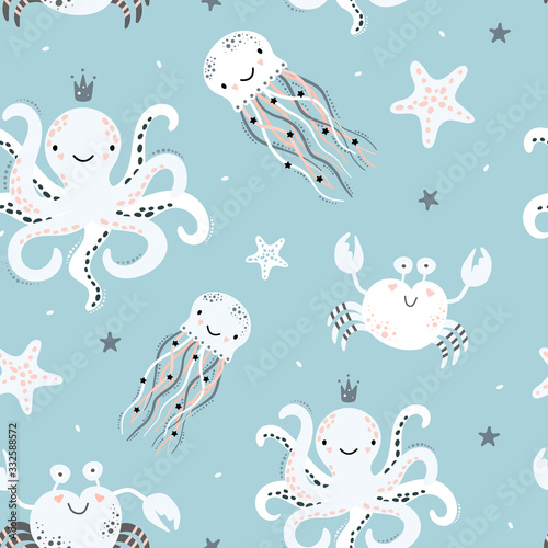 Cute seamless pattern with octopus, jellyfish, starfish, crab.