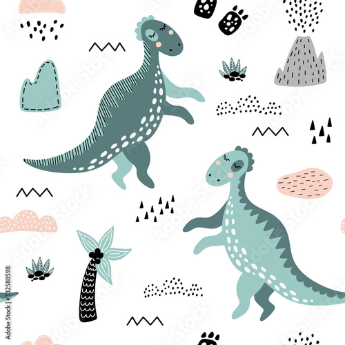Cute seamless pattern with green dinosaurs.