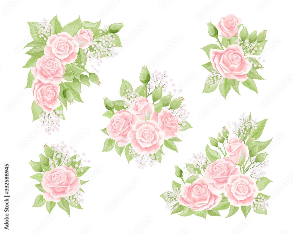 Cream pink rose flower bouquets with green leaves isolated