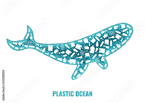 Plastic waste ocean environment problem concept vector llustration. Whale marine mammal silhouette filled with plastic garbage flat icons. Microplastic pollution problem, single use plastic crisis.