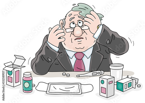 Sad sick man having flu, measuring temperature with a thermometer and taking different pills and other medicines in quarantine, vector cartoon illustration on a white background photo