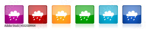 Rain icon set, colorful square glossy vector illustrations in 6 options for web design and mobile applications