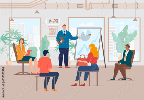 Investment Project Presentation  Business Ideas Brainstorming  Company Employees Teamwork Concept. Businessman  Entrepreneur Meeting with Investors or Clients in Office Trendy Flat Vector Illustration