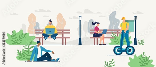 People Resting Working in Park. Man and Woman Ordering Fresh Snack via Internet. Mobile Application and Online Services for Food Delivery Order. Deliveryman with Meal Basket Riding Hoverboard