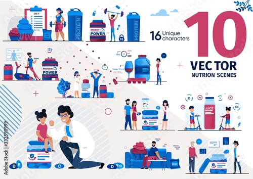 Healthy Nutrition with Food Supplements, Nutrients for Athletes, Multivitamins for Children Trendy Flat Vector Scenes Set. Sportspeople, Medical Specialists, Senior People Characters Illustrations
