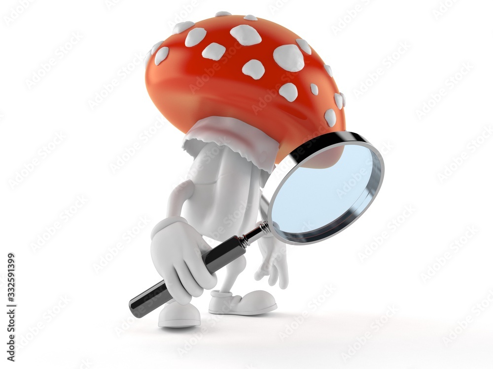 Fototapeta premium Toadstool character looking through magnifying glass