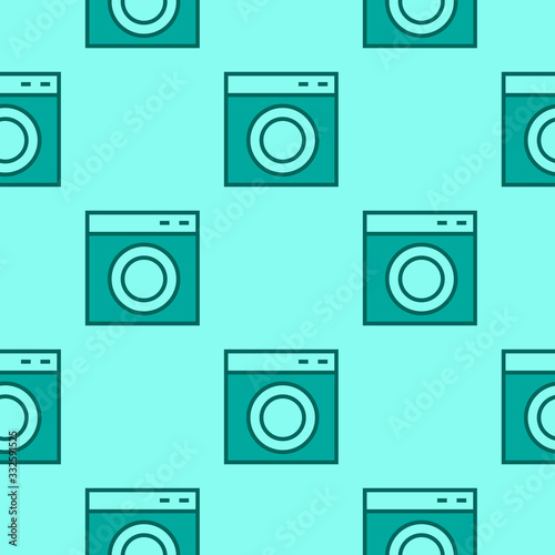 Laundry room seamless pattern. Washing machine - line icon on blue. Good for printing