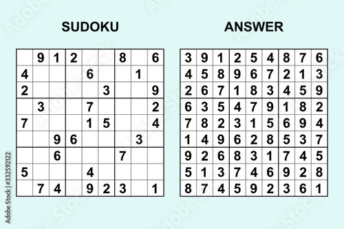 Vector sudoku with answer 334. Puzzle game with numbers.