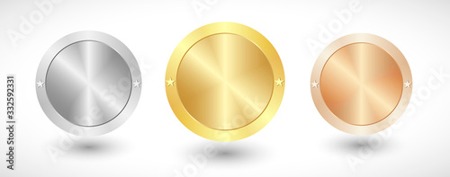 Medals logo collection. Isolated abstract graphic design template. Elegant round awards in gold, silver and bronze metallic colors. Luxury frames, decoration emblems. Set of shiny classic cup elements