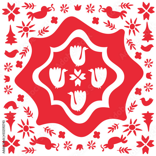 Spring, Merry Christmas folk doodle art square tile. Scandinavian style with traditional geometric shapes in festive colors. Folklore cliparts elements for notebook, tile, napkins, coasters, postcard