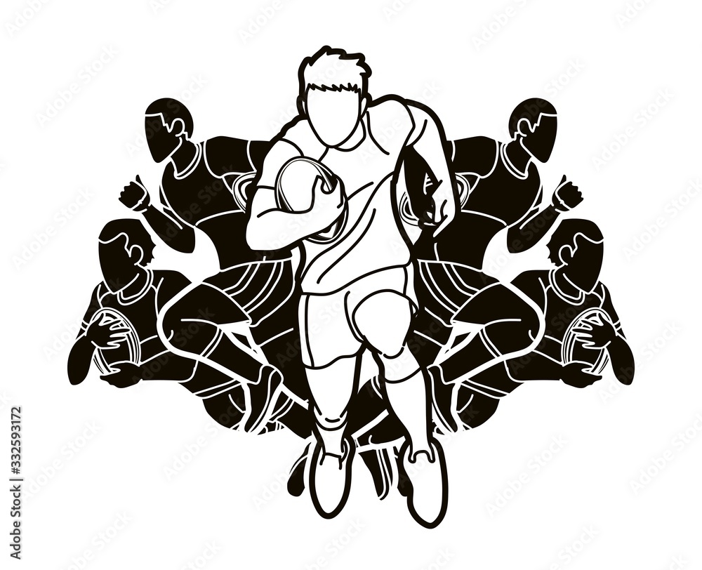 Group of Rugby players action cartoon sport graphic vector.