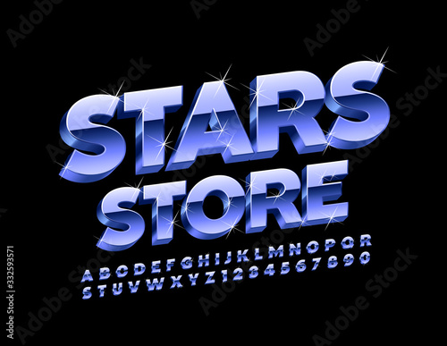 Vector metal logo Stars Store. Glittering 3D Font. Silver sparkling Alphabet Letters and Numbers