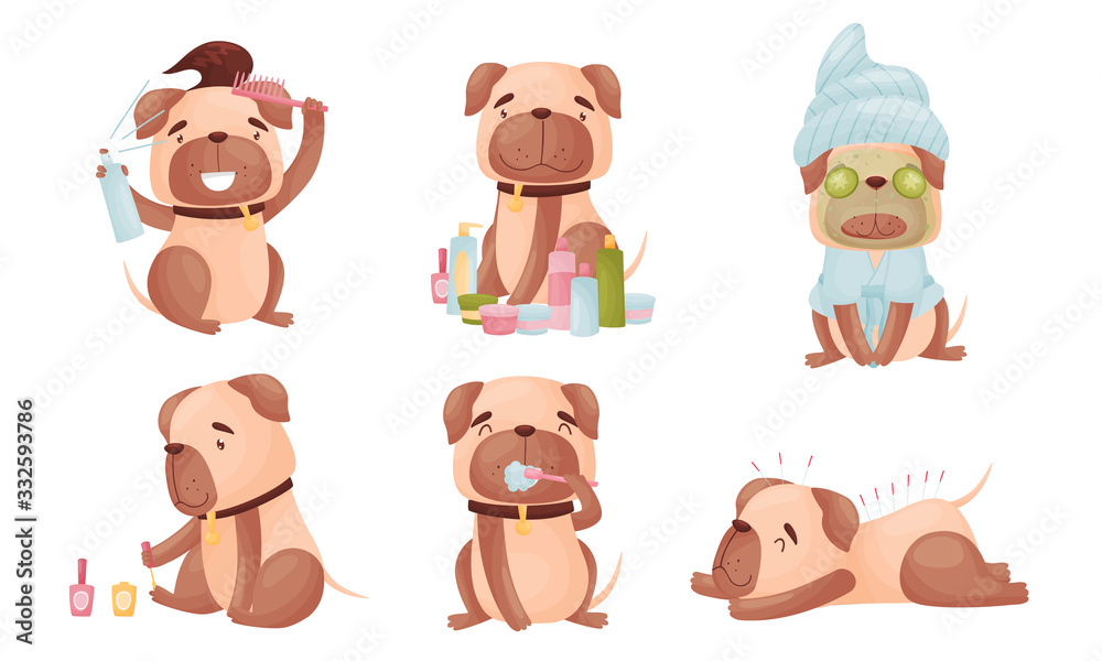 Cartoon Puppy Grooming Himself Brushing Teeth and Painting Claws Vector Set