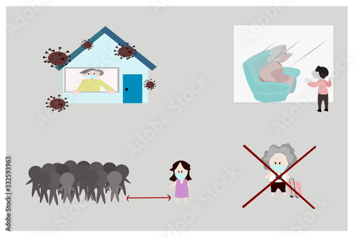 Vector people illustration cartoon character on isolate background.What to do when the virus is pandemic.A man is in ahouse with an outside virus.Separated from the weak.No travel.Social distance. photo