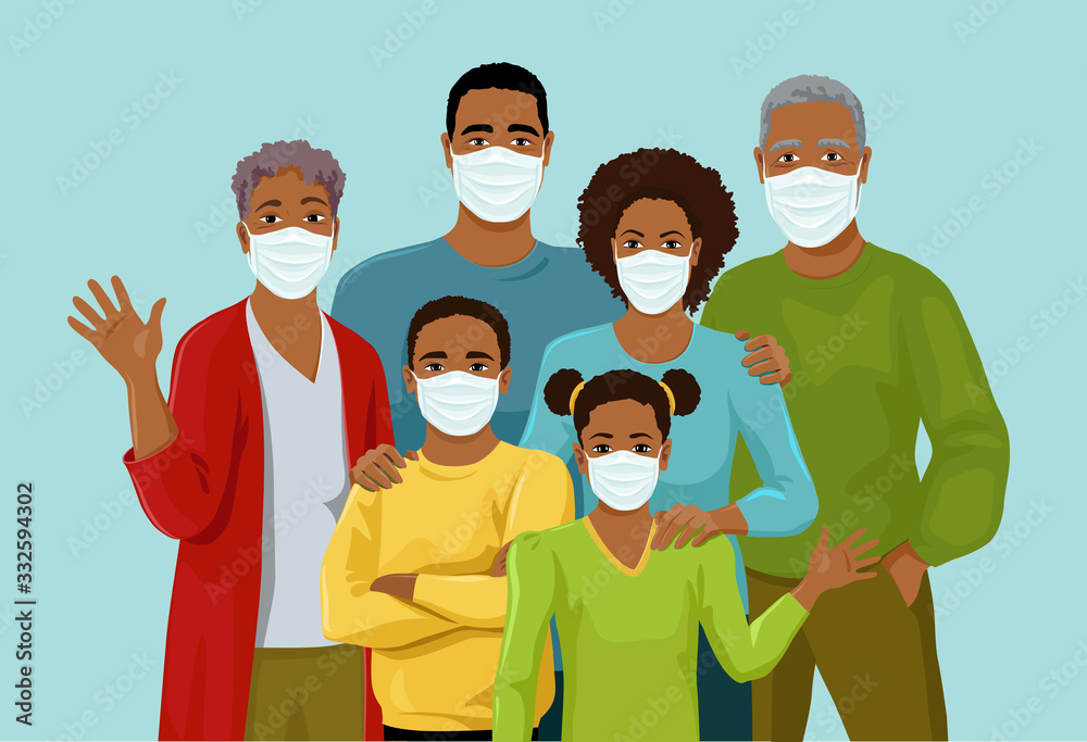 Big African American  family together is wearing medicine masks. Quarantine. Preventive protective measures against the spread of the virus. Isolated vector illustration.