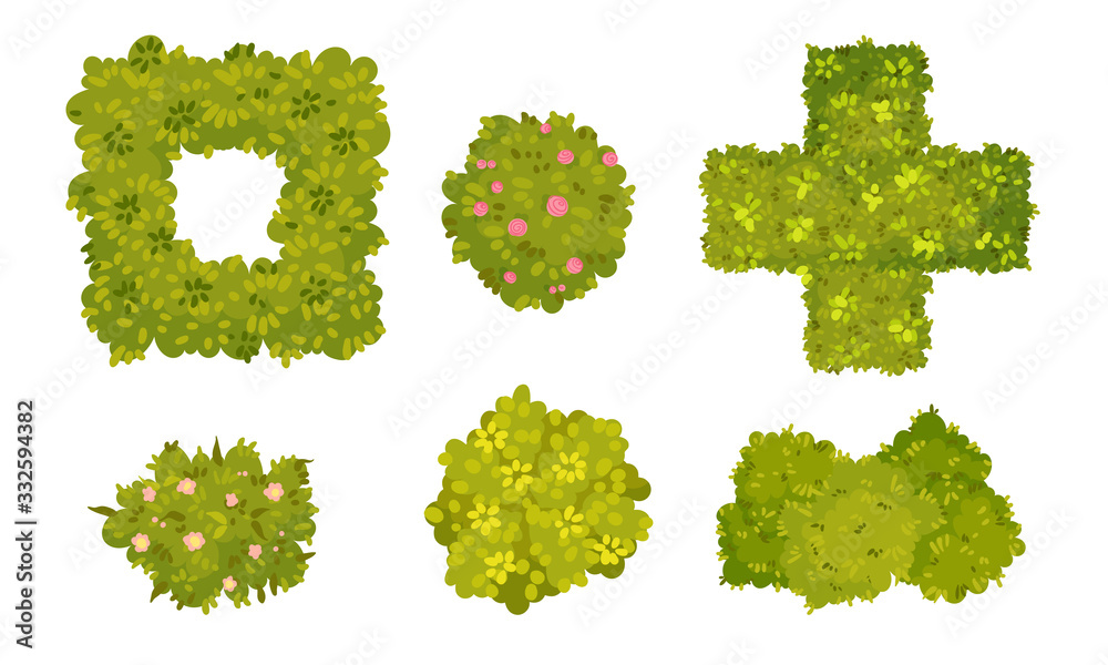 Shaped Green Bushes Planted in Parks and Gardens Above View Vector Set