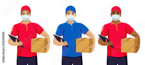 Set of young delivery men wearing face mask. Delivery service worker while quarantine and pandemic time. Asian, European, African American couriers. Vector illustration isolated on white background.
