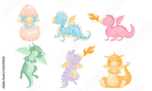 Cute Dragons with Small Wings and Horned Body Shooting Out Flames Vector Set