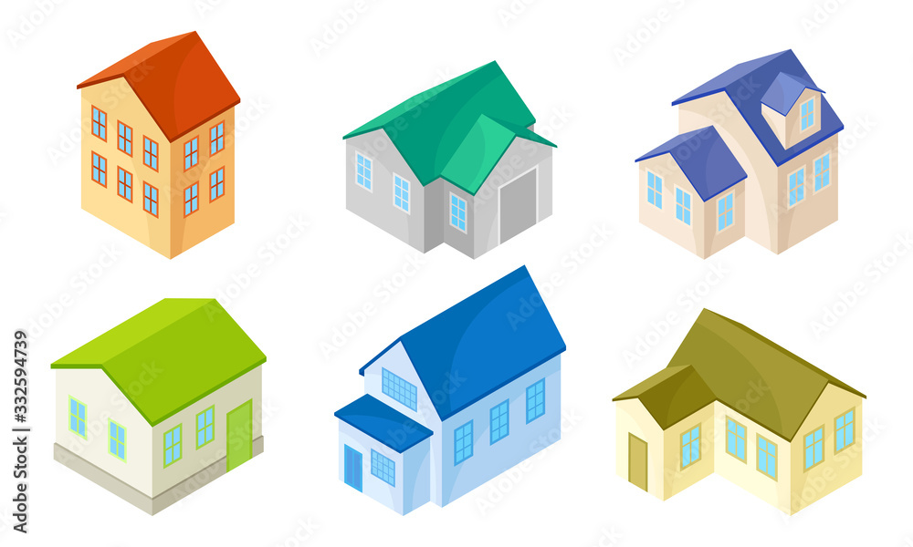 Isometric Houses and Buildings Isolated on White Background Vector Set