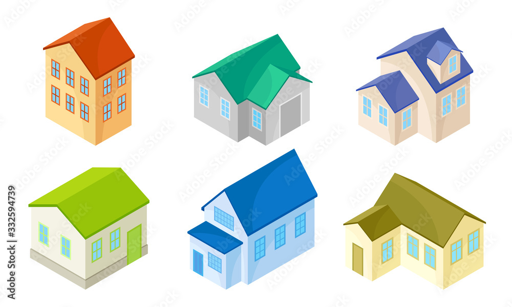 Isometric Houses and Buildings Isolated on White Background Vector Set Isometric Houses and Buildings Isolated on White Background Vector Set