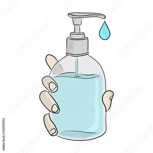 close-up hands holding alcohol sanitizer gel pump dispenser to protect Covid-19 virus or coronavirus vector illustration sketch doodle hand drawn isolated on white background