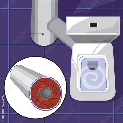 Sectional toilet bowl and blockage of sewer pipe as a concept of problems with plumbing and piping, vector stock illustration with WC room, stove on the floor and stagnation of water, top view