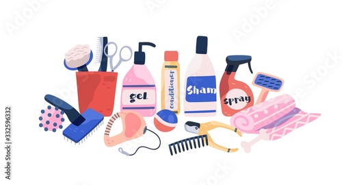 Collection dog and cat grooming equipment isolated on white background. Shampoo, comb, toys and tools for pet coat care vector flat illustration. Cartoon bottle for wash and clean of domestic animal