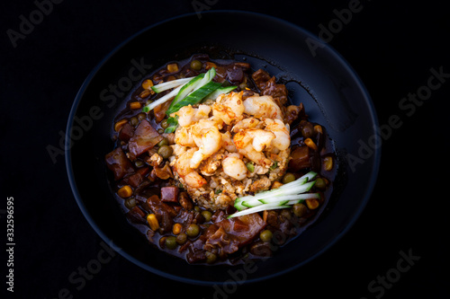 fried rice with shrimp and black bean sauce which is called saeubokk-eumbab in Korea