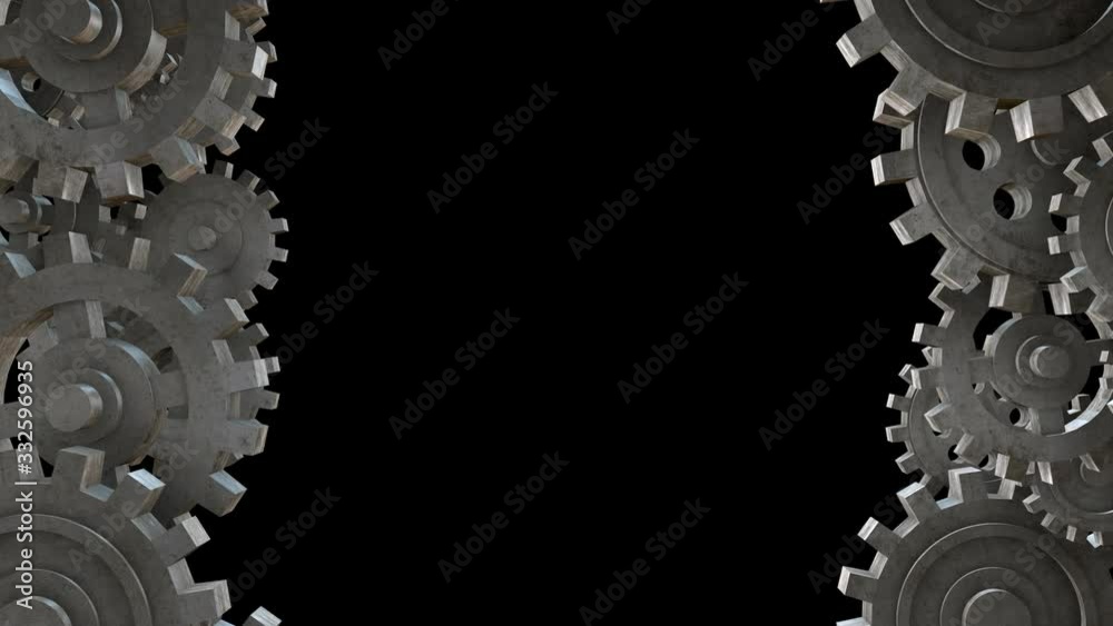 Realistic rotated metal gear wheels isolated on black background. Digital technology concept composition. Abstract looped 3d animation.