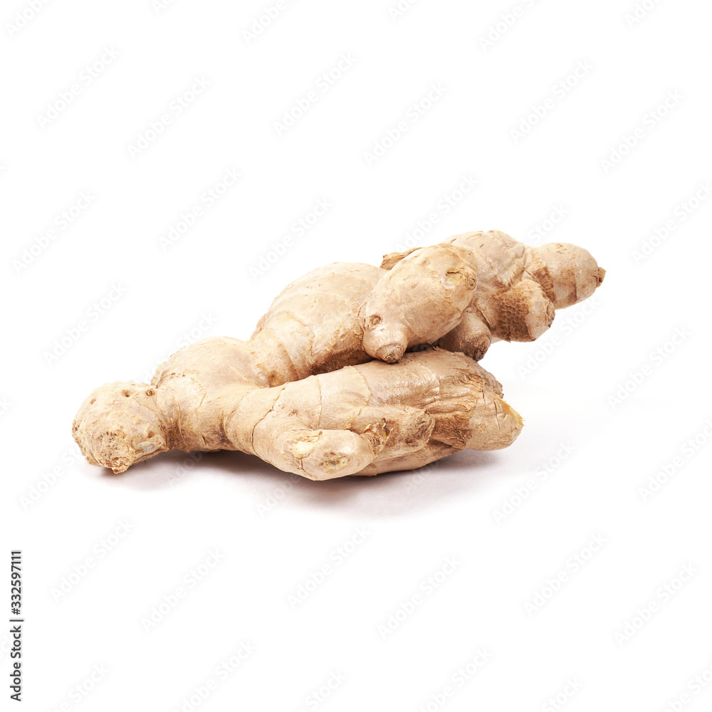 Ginger root isolated on a white background. Seasoning in the kitchen. Side view.