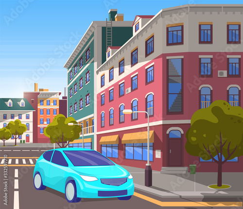 City center street with modern buildings and decor. Car riding on roads of modern town. Estates and architecture, cityscape with constructions. Townscape with vehicle. Vector in isometric 3D style