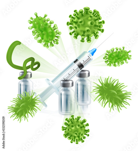 A syringe injection and medicine vial bottle deflecting bacteria or virus cells. Medical concept for immunization protection from a vaccine vaccination, herd immunity or other.