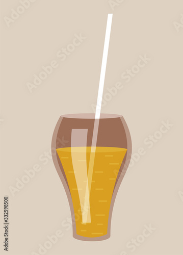 Transparent glass with yellow drink. Cocktail, orange or pineapple fresh juice. Beverage with straw isolated on grey background. Menu item in bar or restaurant. Vector illustration in flat style