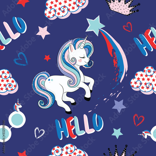 Rainbow unicorn pattern, pop art clouds and stars vector, children artworks, fashion graphic, wallpaper and greeting card designs.	