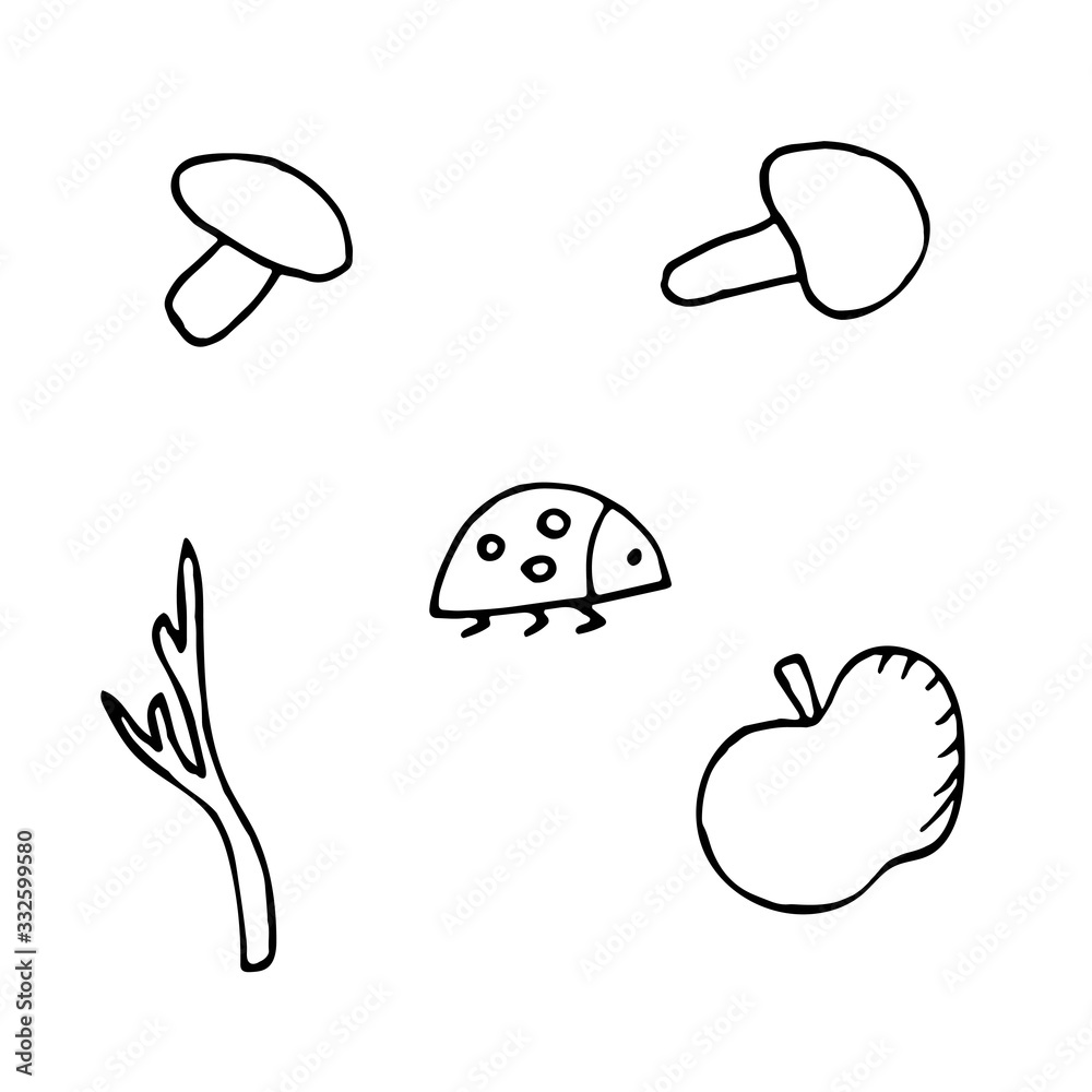 Fototapeta premium hand-drawn vector illustration, element without background, mushrooms, apple, ladybug and twig