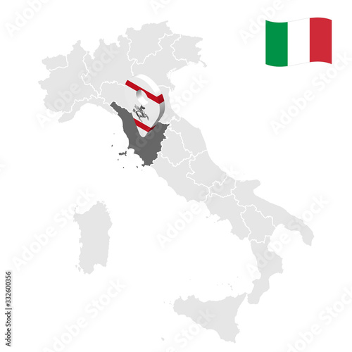 Location of  Tuscany on map Italy. 3d Tuscany location sign similar to the flag of  Tuscany. Quality map  with regions of Italy. Stock vector. EPS10.