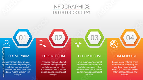 Business data visualization, infographic template with 4 steps on gray background, vector illustration