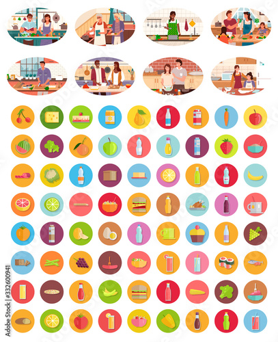 Cooking characters in kitchen, mother teaching daughter to prepare food. Collection of ingredients, cheese and pizza, lemon and broccoli, dessert and sausage, peach fruits and egg. Vector in flat